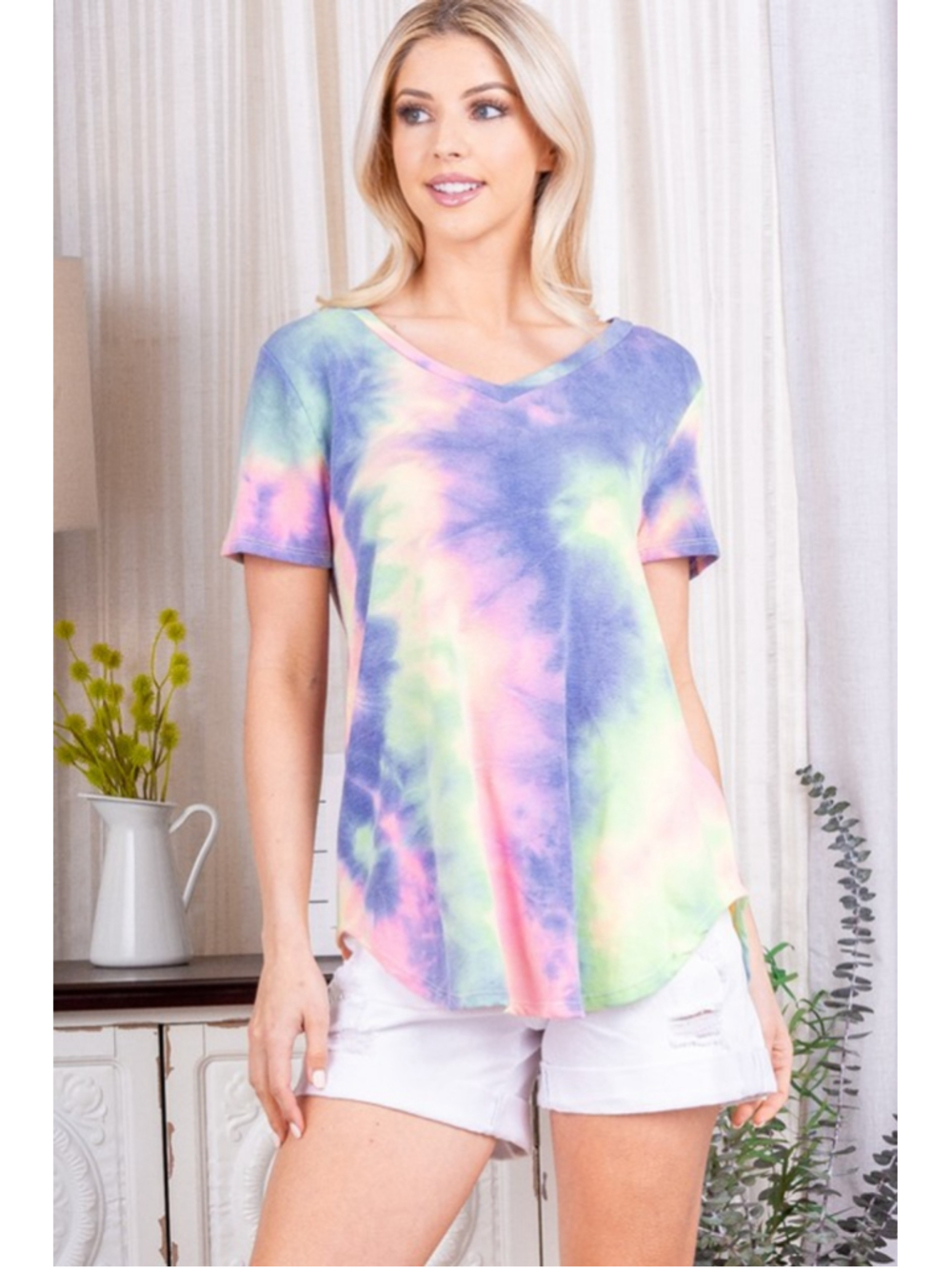 NWOT Heimish Short Sleeve V neck multi color tiedye print purple/lime size med.